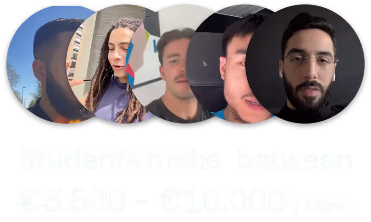 Weblyfe University students earning between €3,500 - €10,000 per month, featuring profile pictures of successful students.