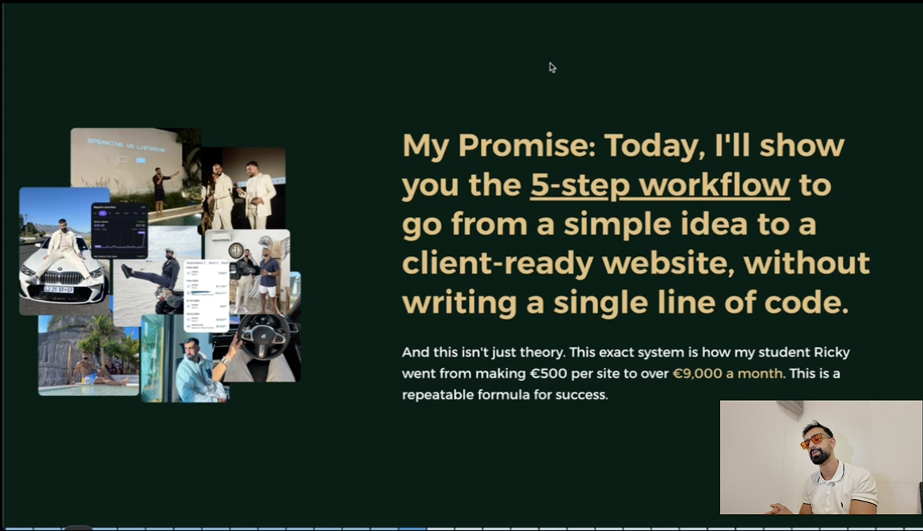 Presentation slide showing a promise to teach a 5-step workflow for creating a client-ready website without coding, with images of a man in various settings and a small video feed of a man speaking.
