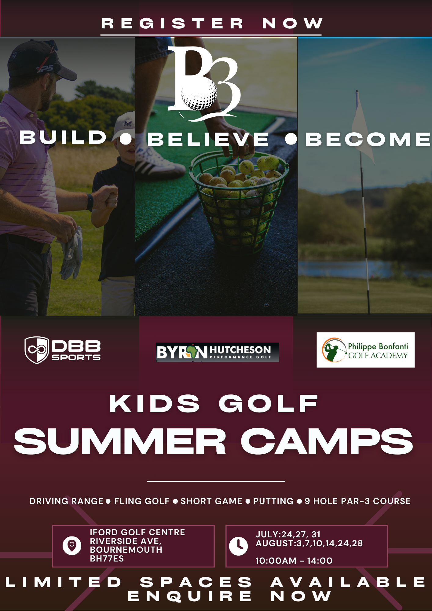 Flyer for kids golf summer camps with dates, location, and golf skills like putting and short game.