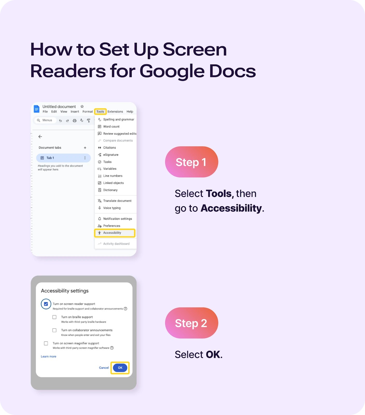 How to Set up screen readers for google docs