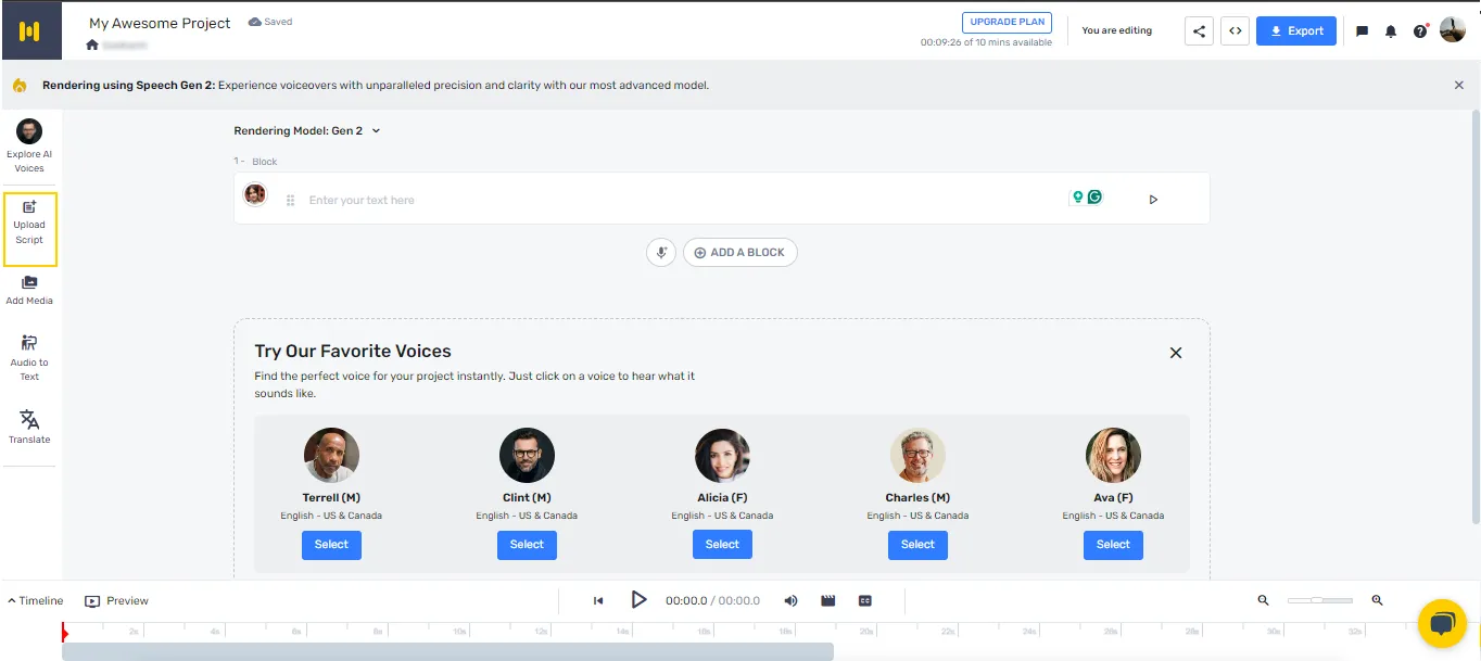 Upload Script in Murf Studio