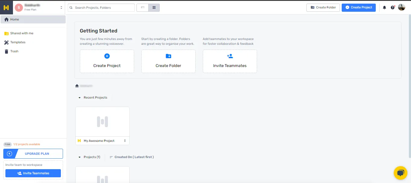 Log into Murf Studio and Create a New Project