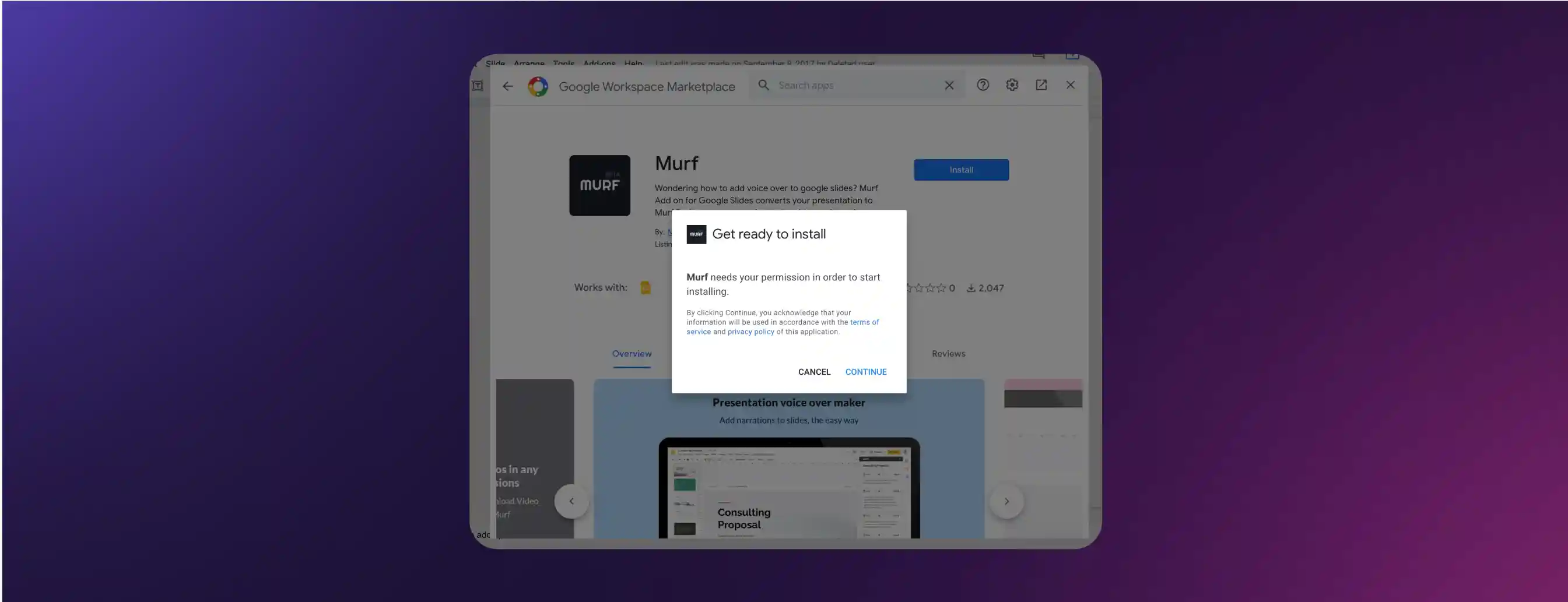 instructions to add Murf to your Google slides account