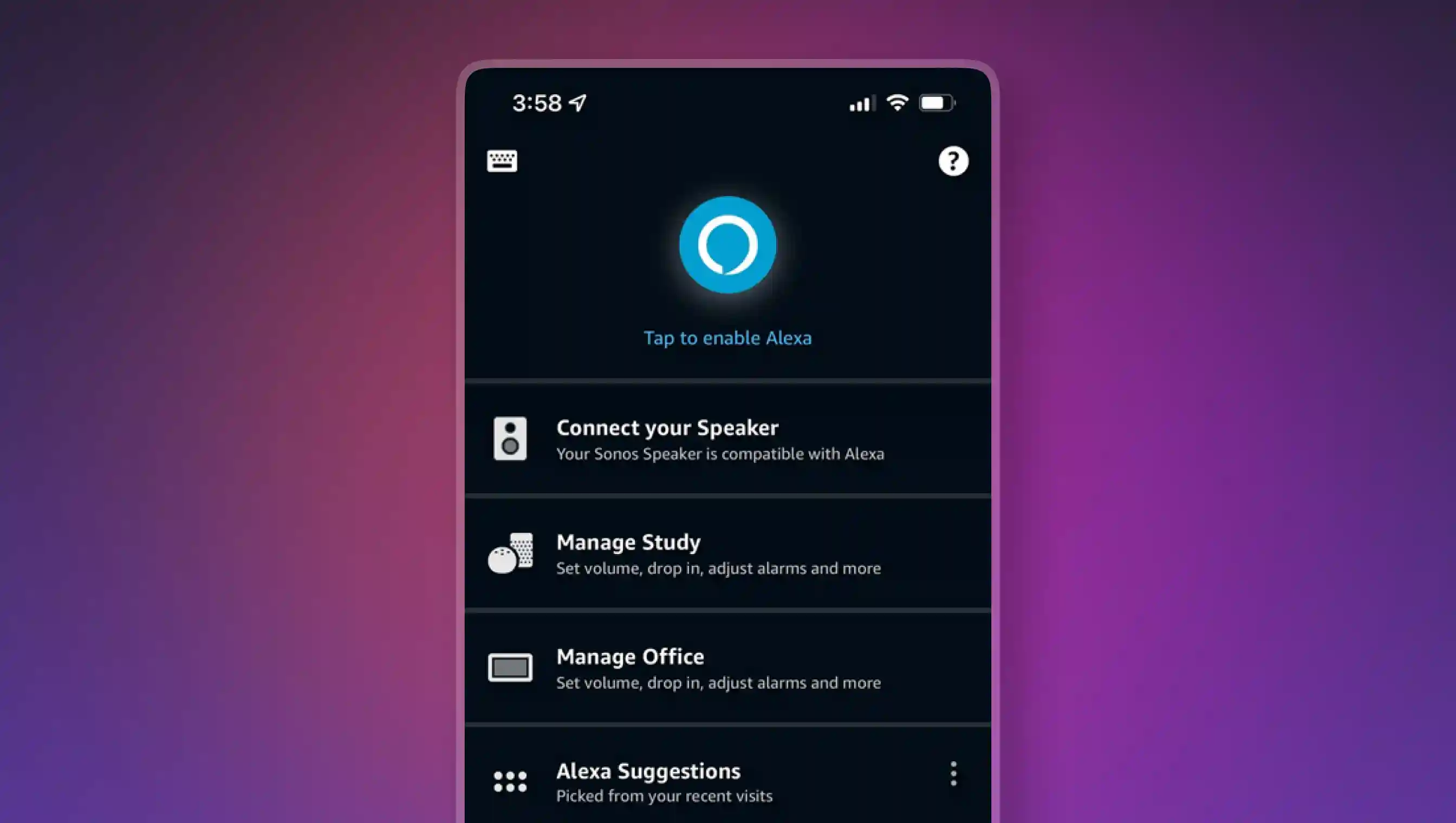 The first screen of Alexa on your iphone