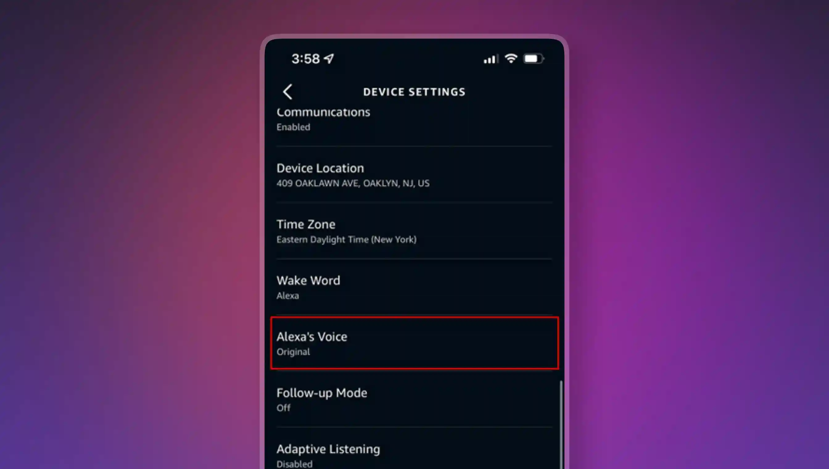 Screenshot of a mobile device showing Alexa's Voice option