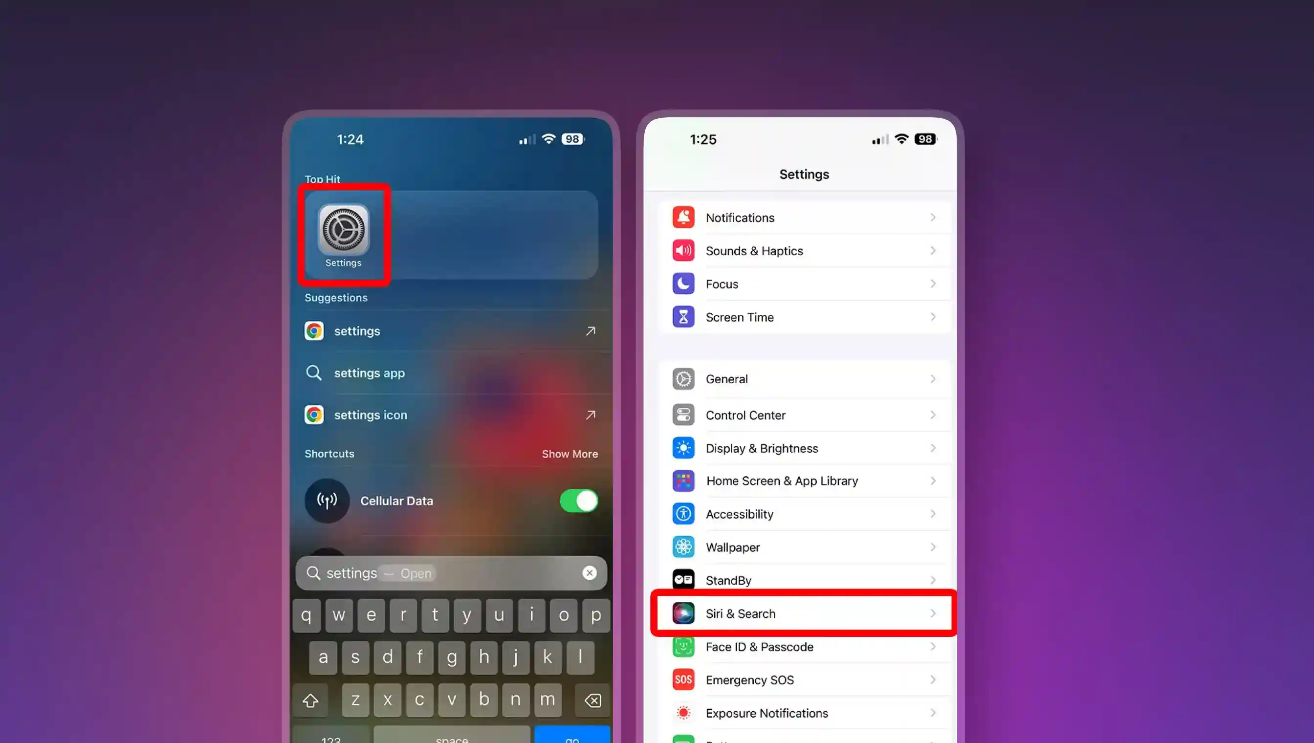 Navigation from Settings -> Siri & Search on an iPhone