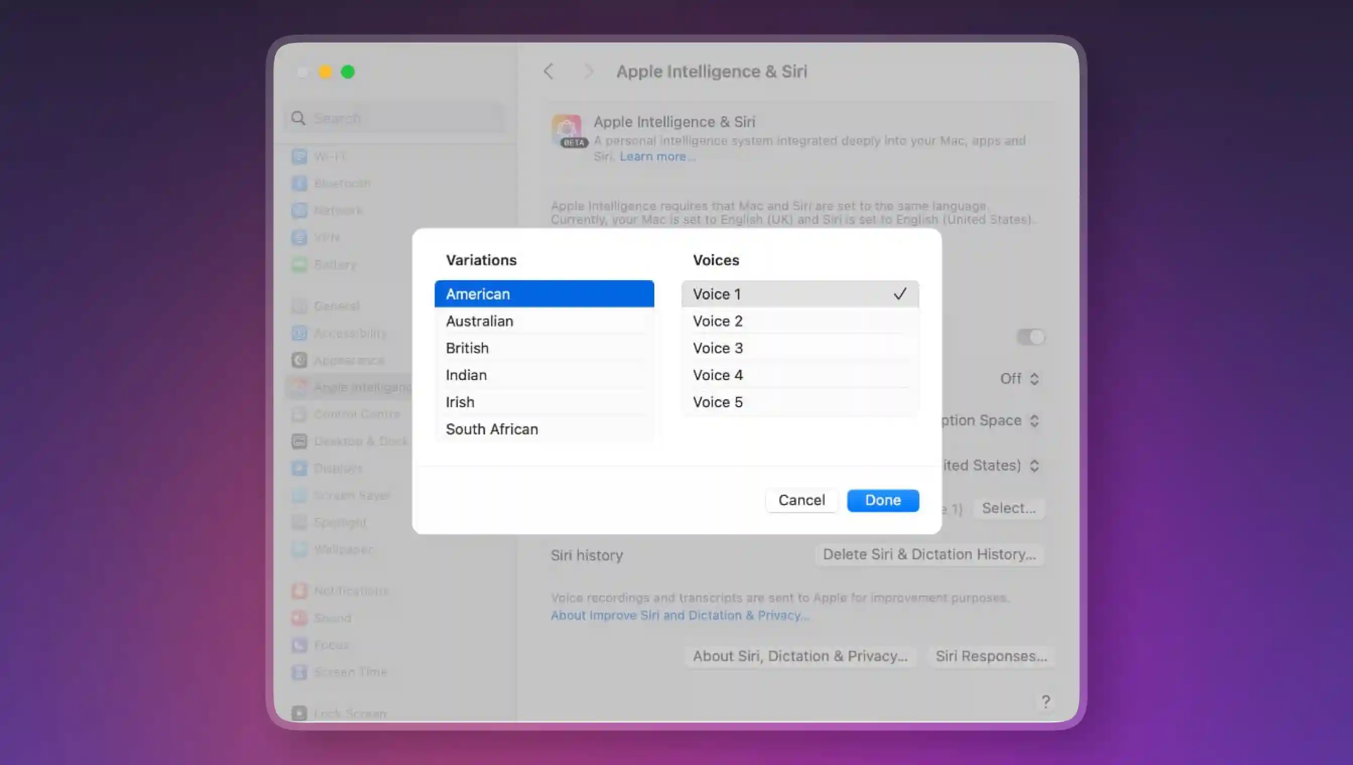 Variations of the American accent shown in a Macbook settings under Apple Intelligenve & Siri