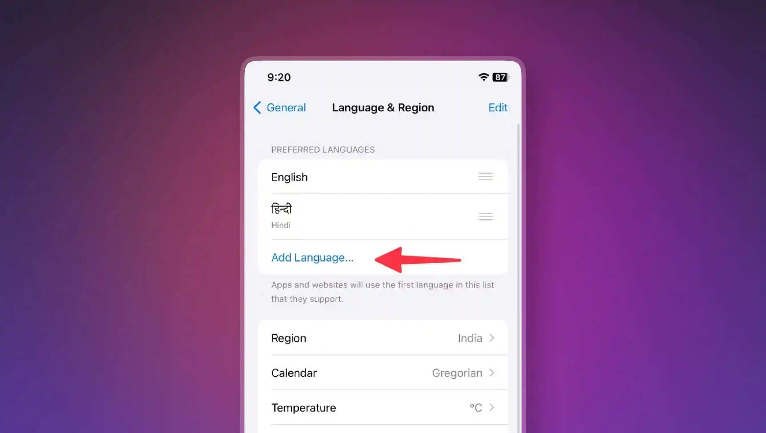 The Add Language button under Language & Region