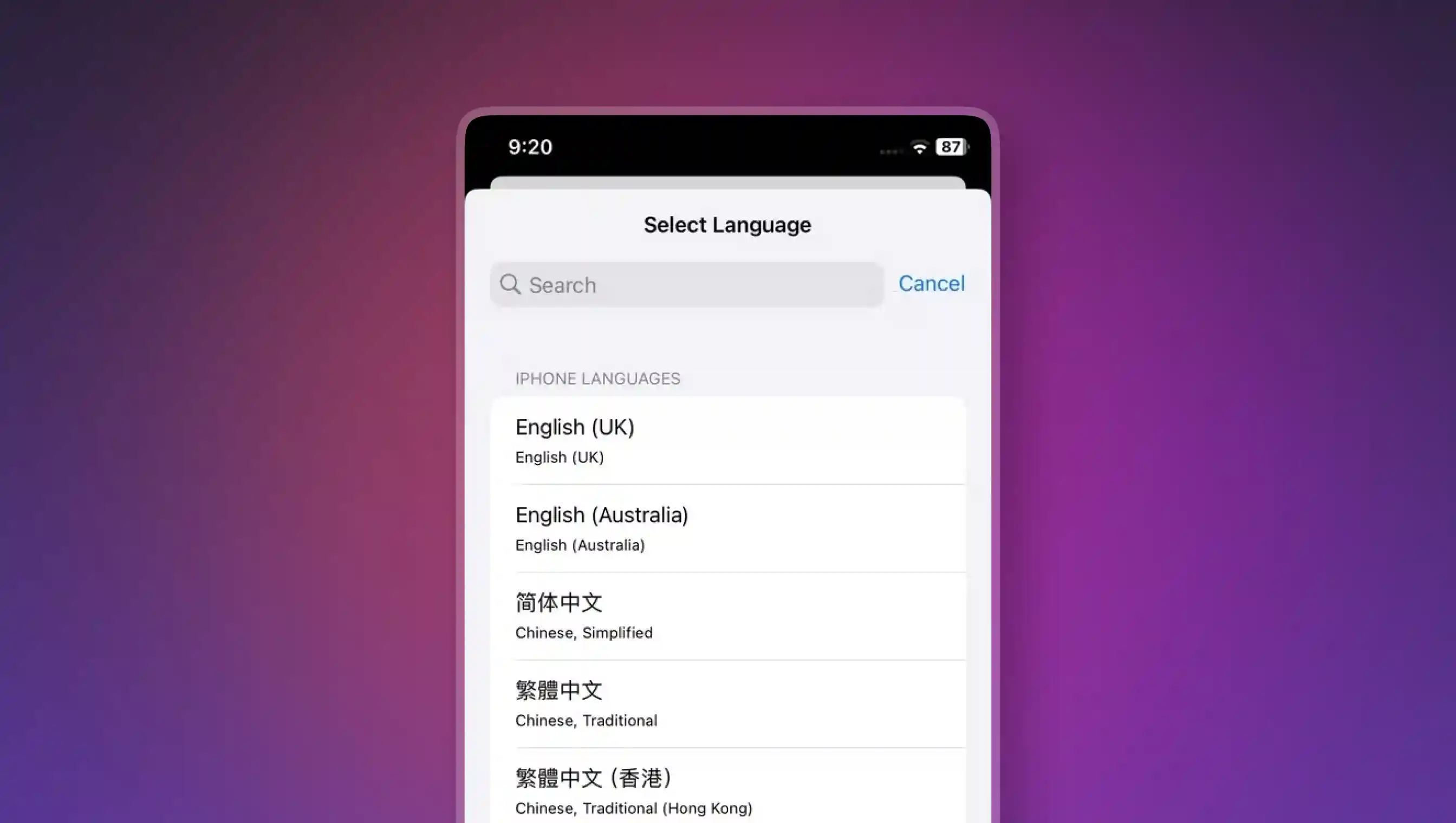 The list of languages after tapping on Select Language button