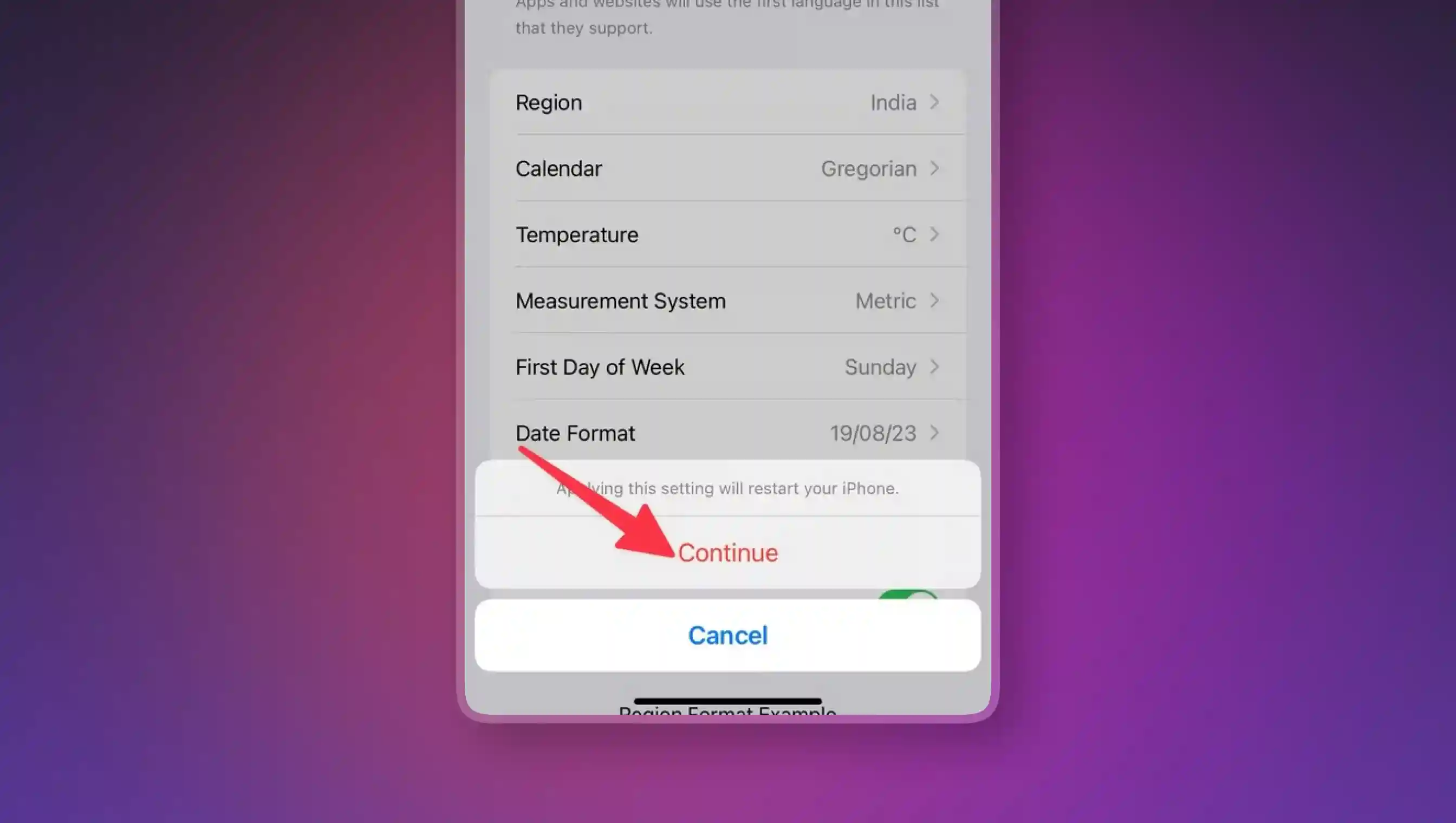 Navigation settings after clicking on Select Language