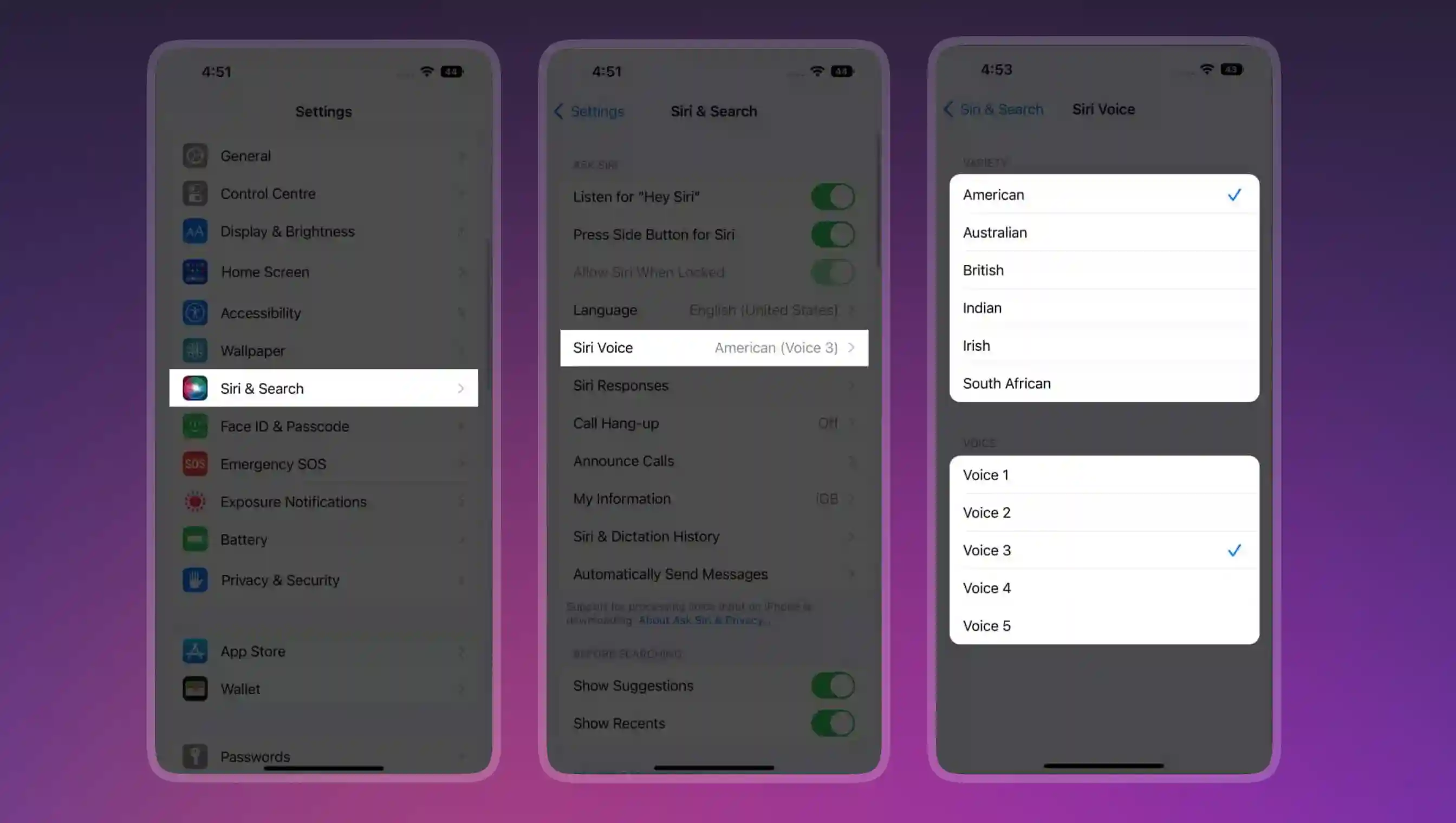 Navigation of Siri & Search to selecting your Siri voice on iPhone