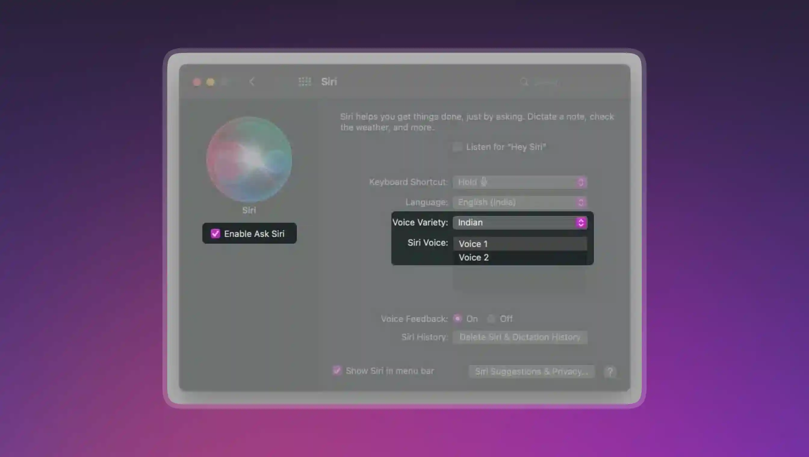 Selecting the Enable Ask Siri button & selecting the Voice variety & Siri voice on MacOS