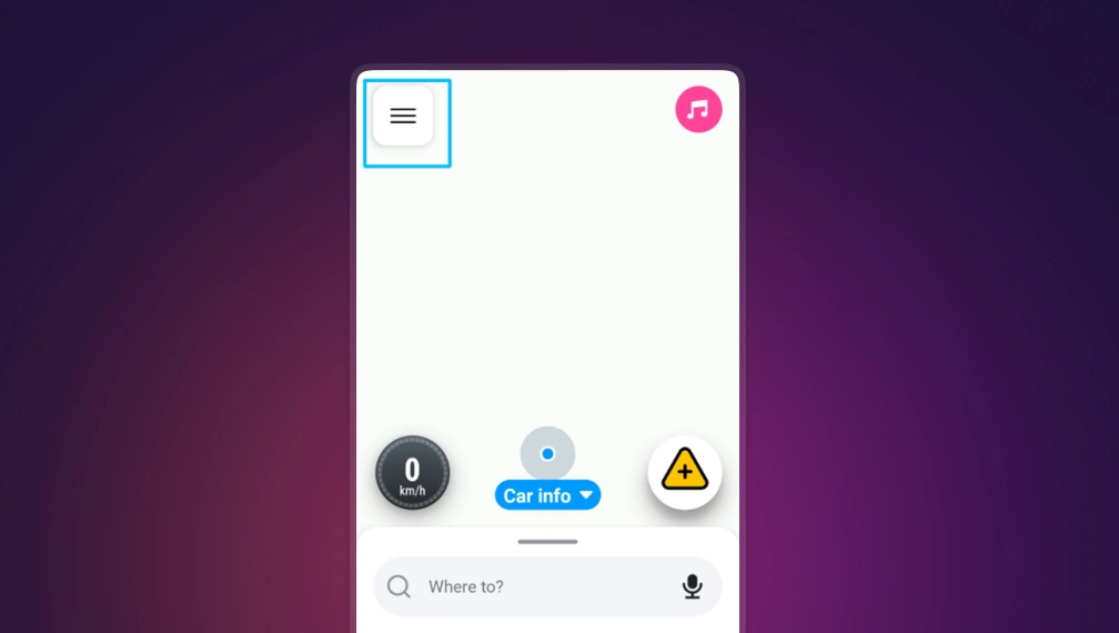 Waze home screen with hamburger menu