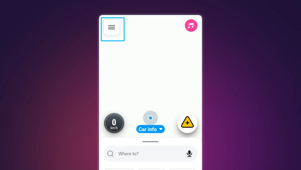 Waze app home screen with menu button