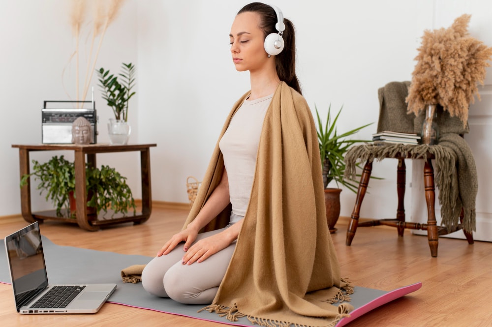 Meditation with headphones and music