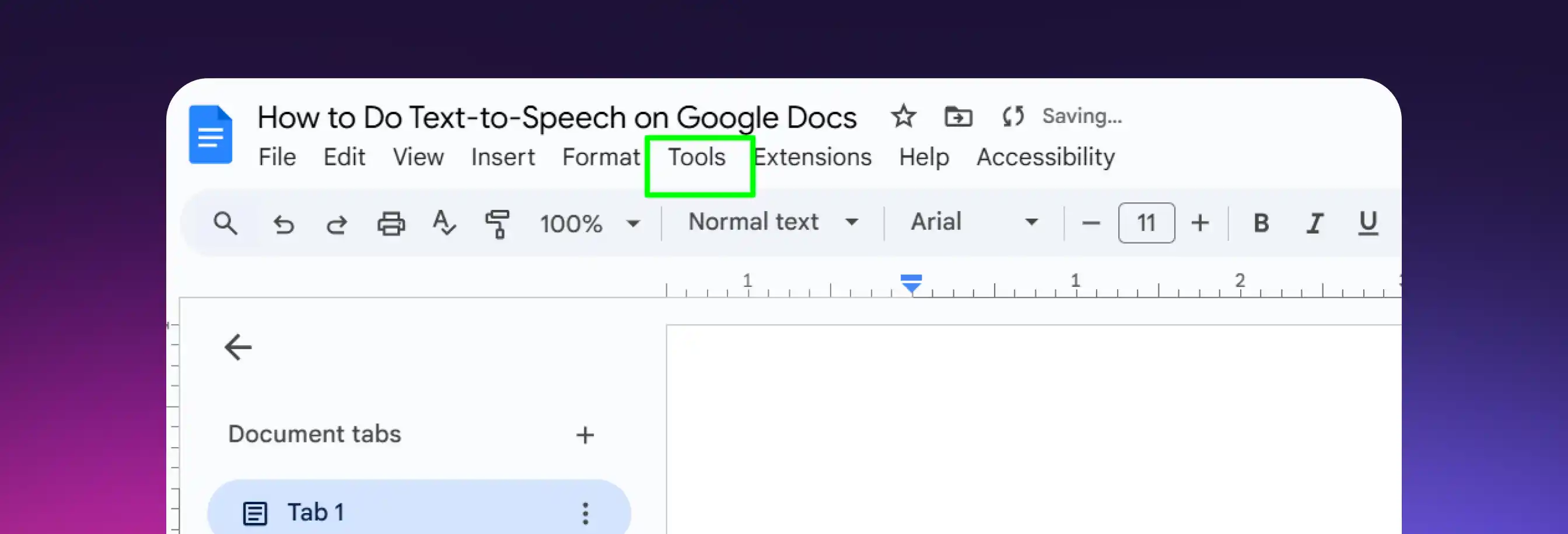 Click the ‘Tools’ menu from the menu bar on Google Docs