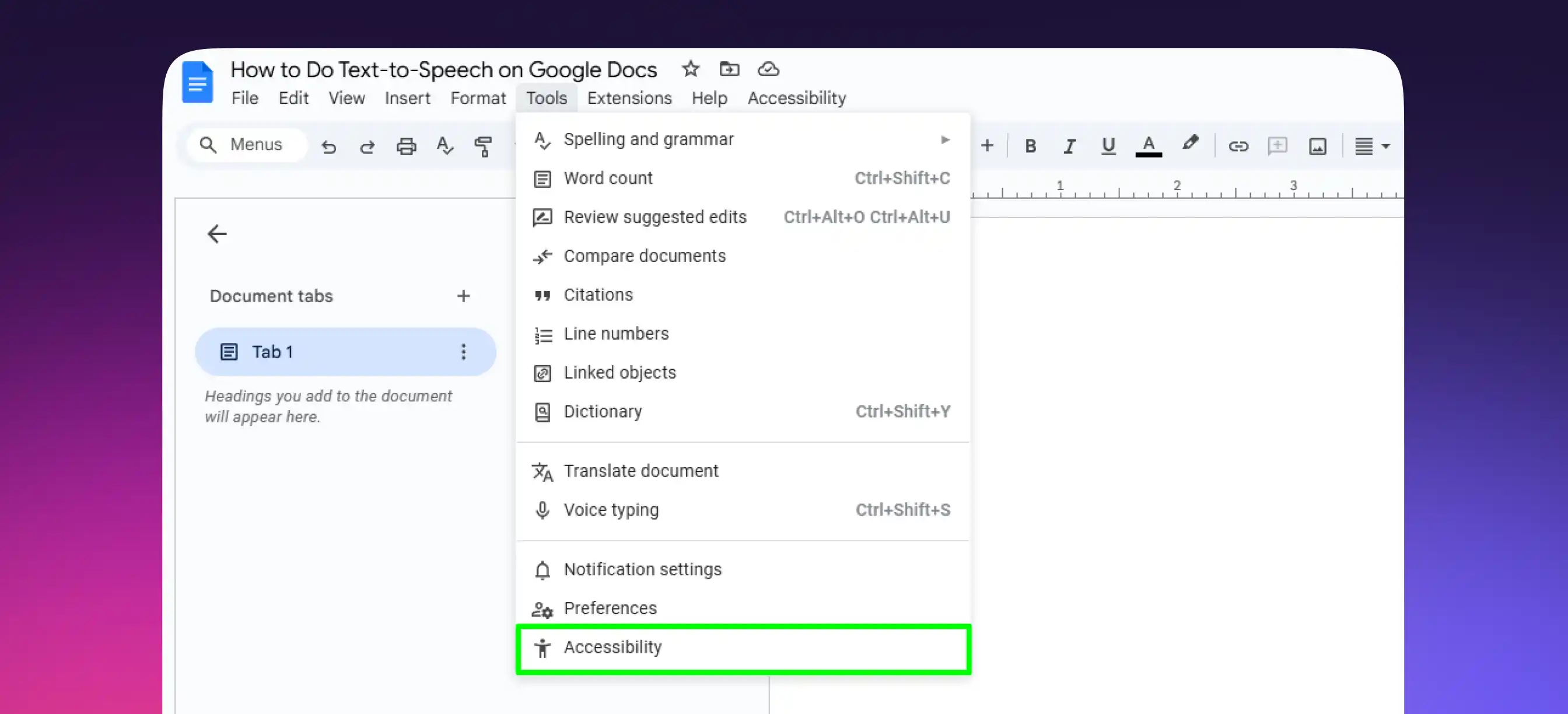 Step 3: From the drop-down menu, pick ‘Accessibility’