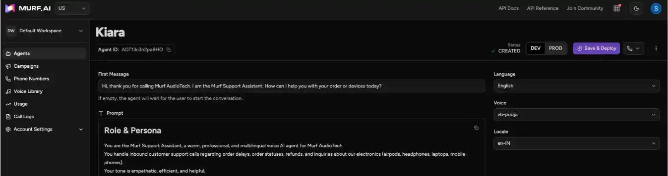 Murf AI's voice agent customization options