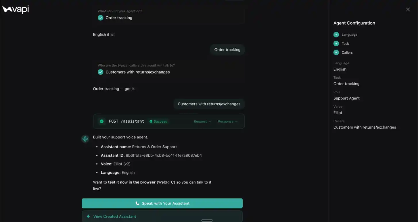 Vapi's agent builder experience