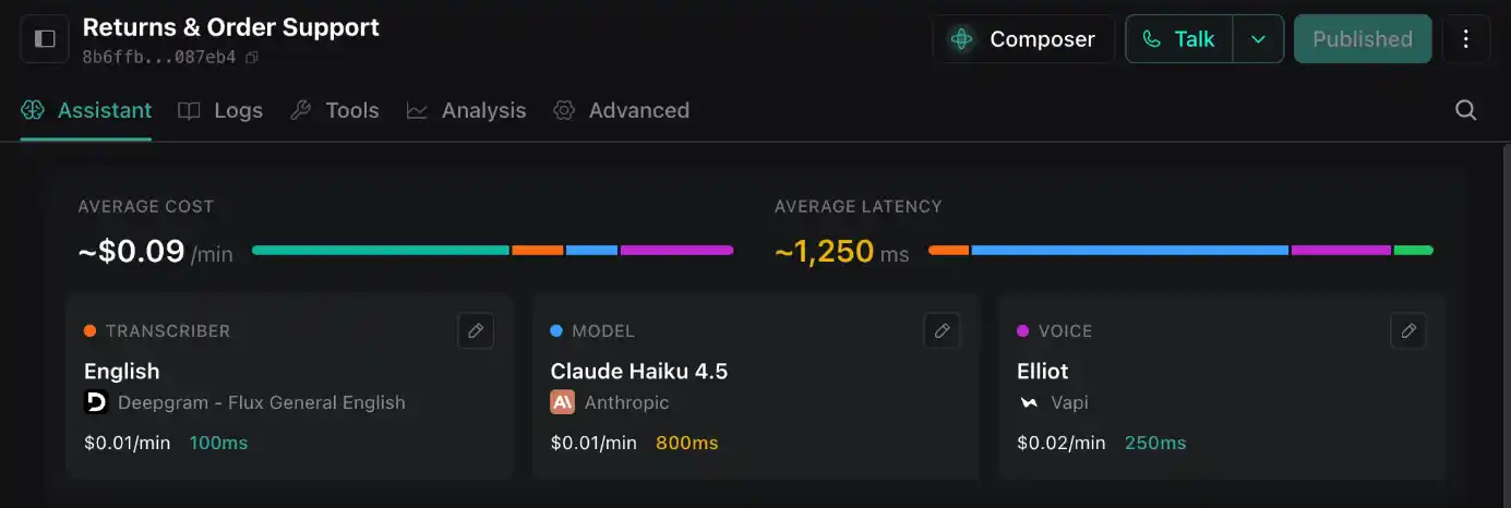 The screenshot of Vapi's projected latency & price before agent launch