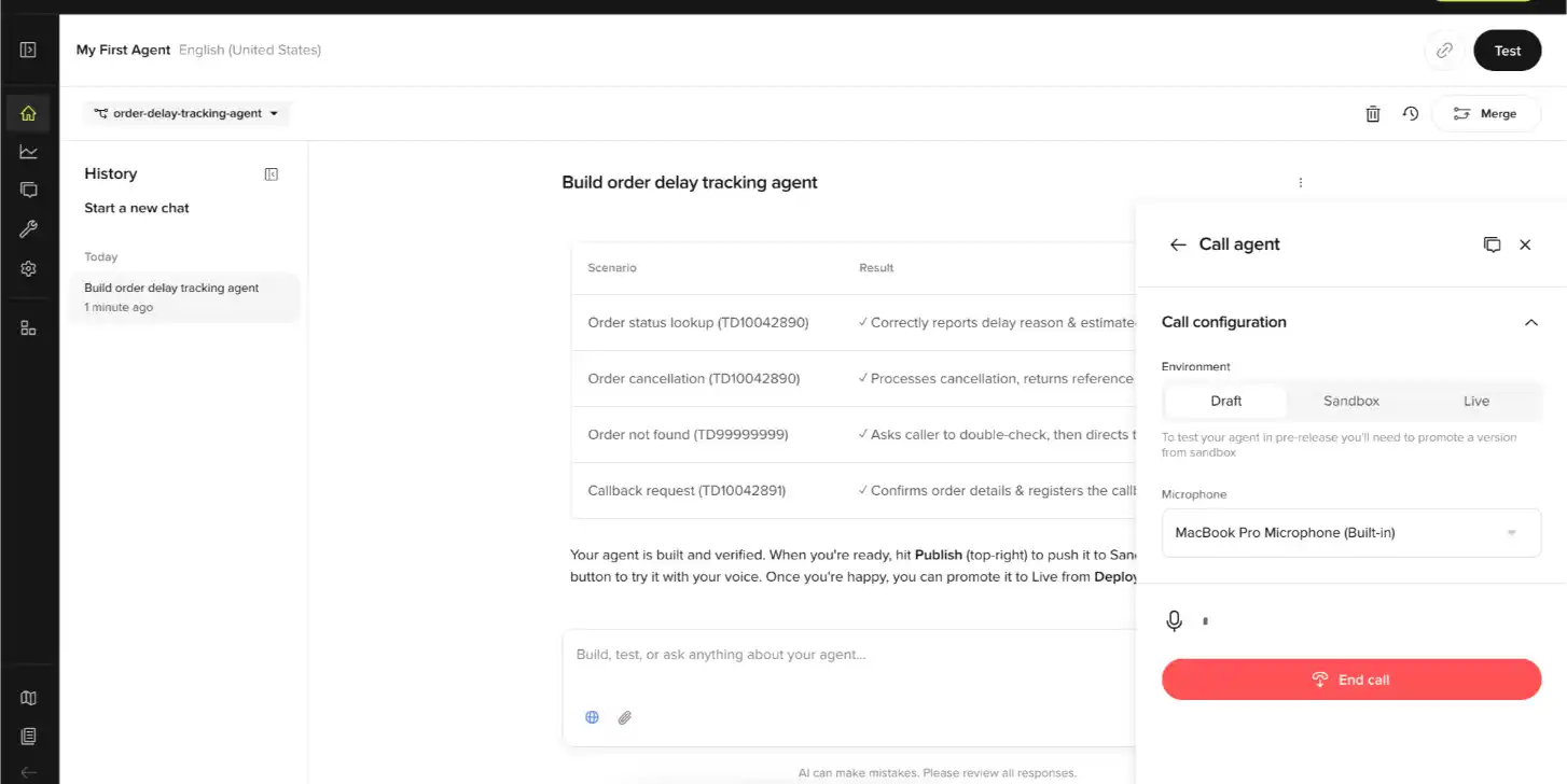 First time user experience of PolyAI's agent builder