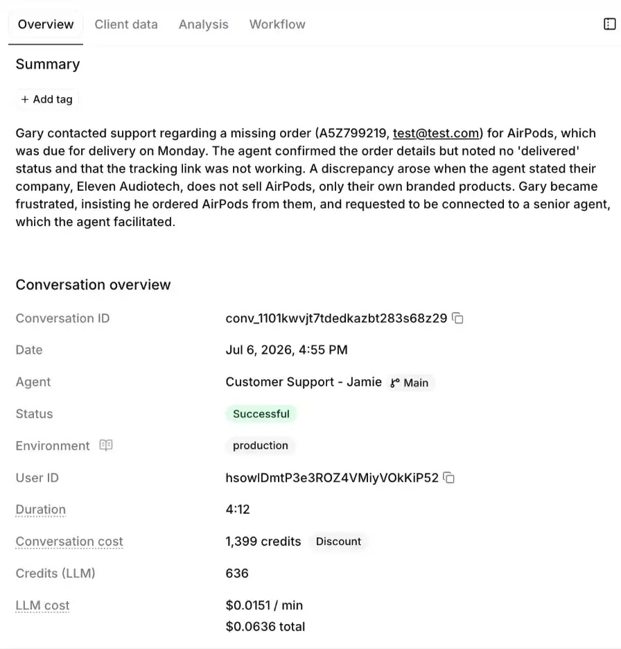 Eleven Agent Call Analytics Screenshot