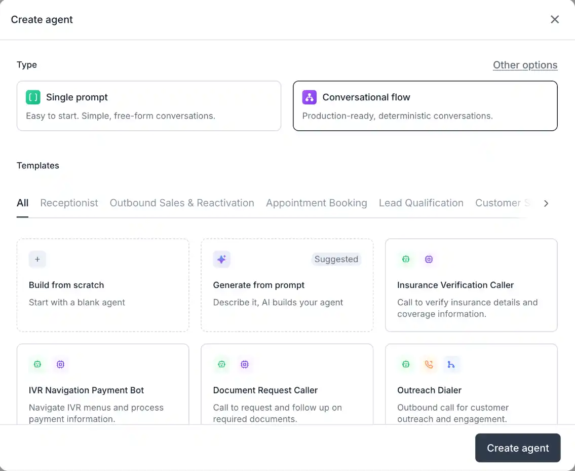FTUE of Retell's self serve agent builder