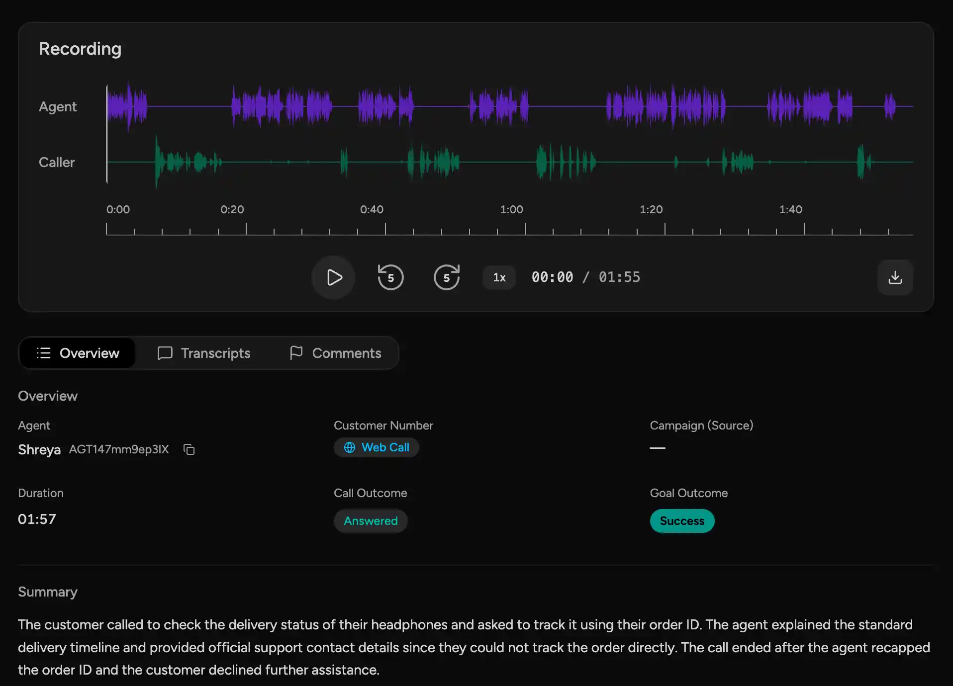Murf's voice agent call analytics screenshot