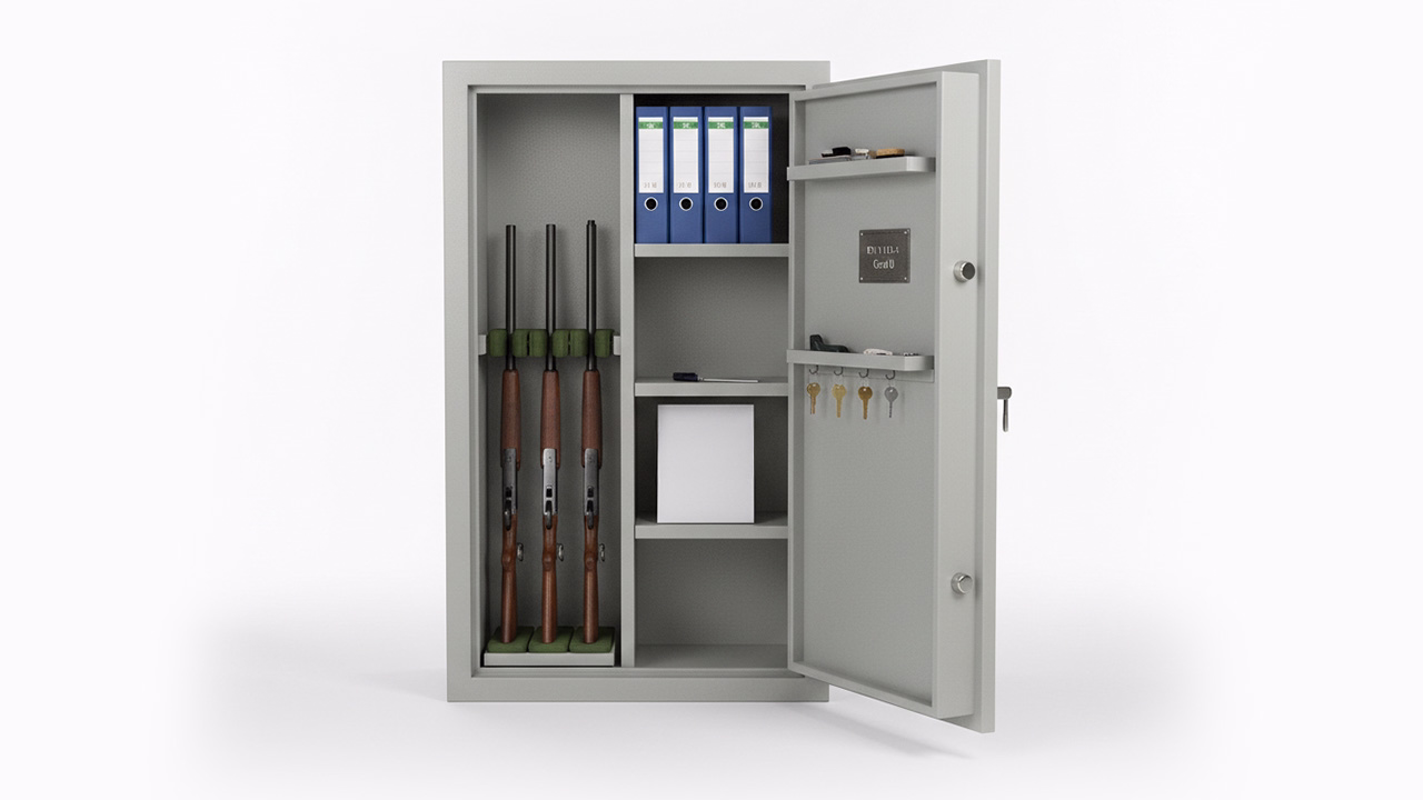 Offener grauer Waffentresor (Grad 0) mit drei Langwaffen, Ablagefächern, blauen Ordnern und Schlüsselleiste in der Tür.