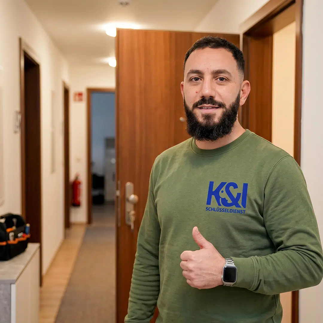 Kahlil Kassem Schlüsseldienst Experte aus Flohberg Untertürkheim Stuttgart, im Wohnungsflur nach erfolgreicher Türöffnung, Holztüren und Werkzeug sichtbar