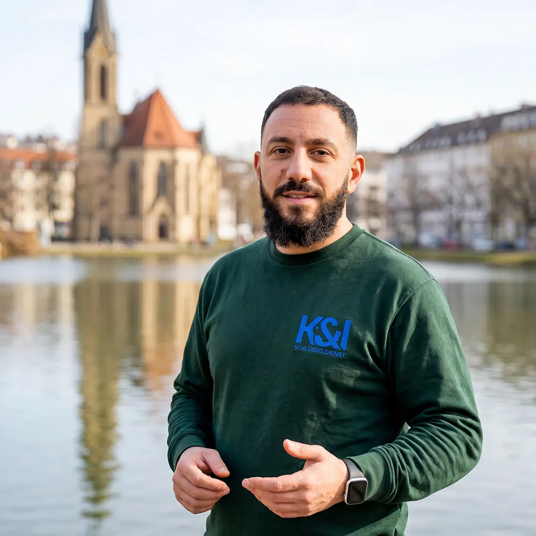 Kahlil Kassem Schlüsseldienst Experte am Killesberg Stuttgart-Nord, vor einem Teich mit historischer Kirche im Hintergrund