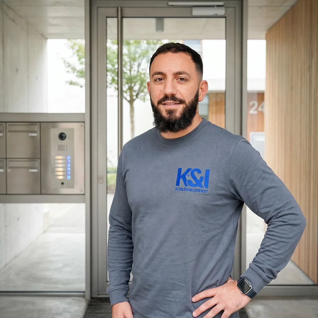 Kahlil Kassem Schlüsseldienst Experte aus Gablenberg Stuttgart-Ost, vor modernem Wohnhauseingang mit Briefkastenanlage und Gegensprechanlage