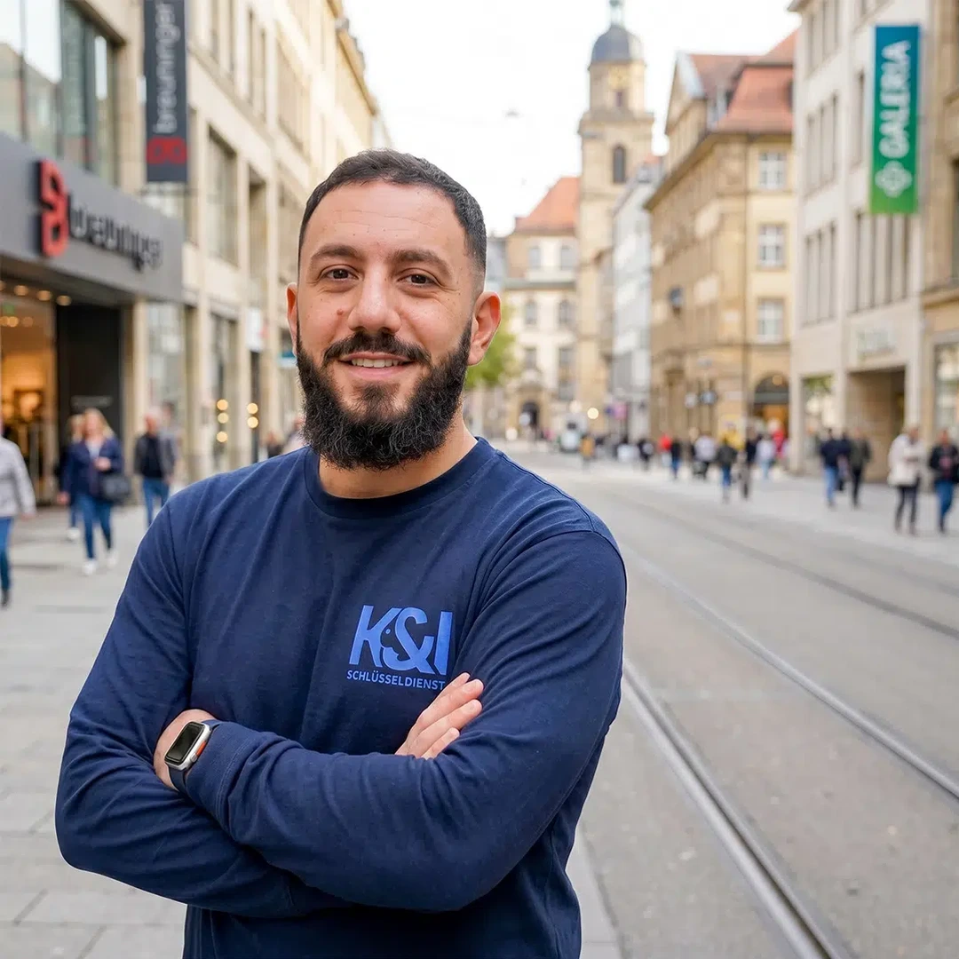Kahlil Kassem Schlüsseldienst Experte aus Karlshöhe Stuttgart-Süd, auf der Stuttgarter Königstraße mit Breuninger, Galeria und Stiftskirche