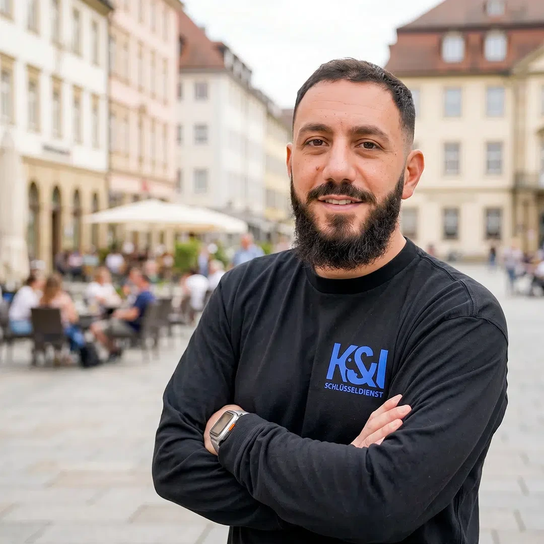 Kahlil Kassem Schlüsseldienst Experte aus Dachswald Vaihingen Stuttgart, vor historischem Marktplatz mit Altbauten und Außengastronomie