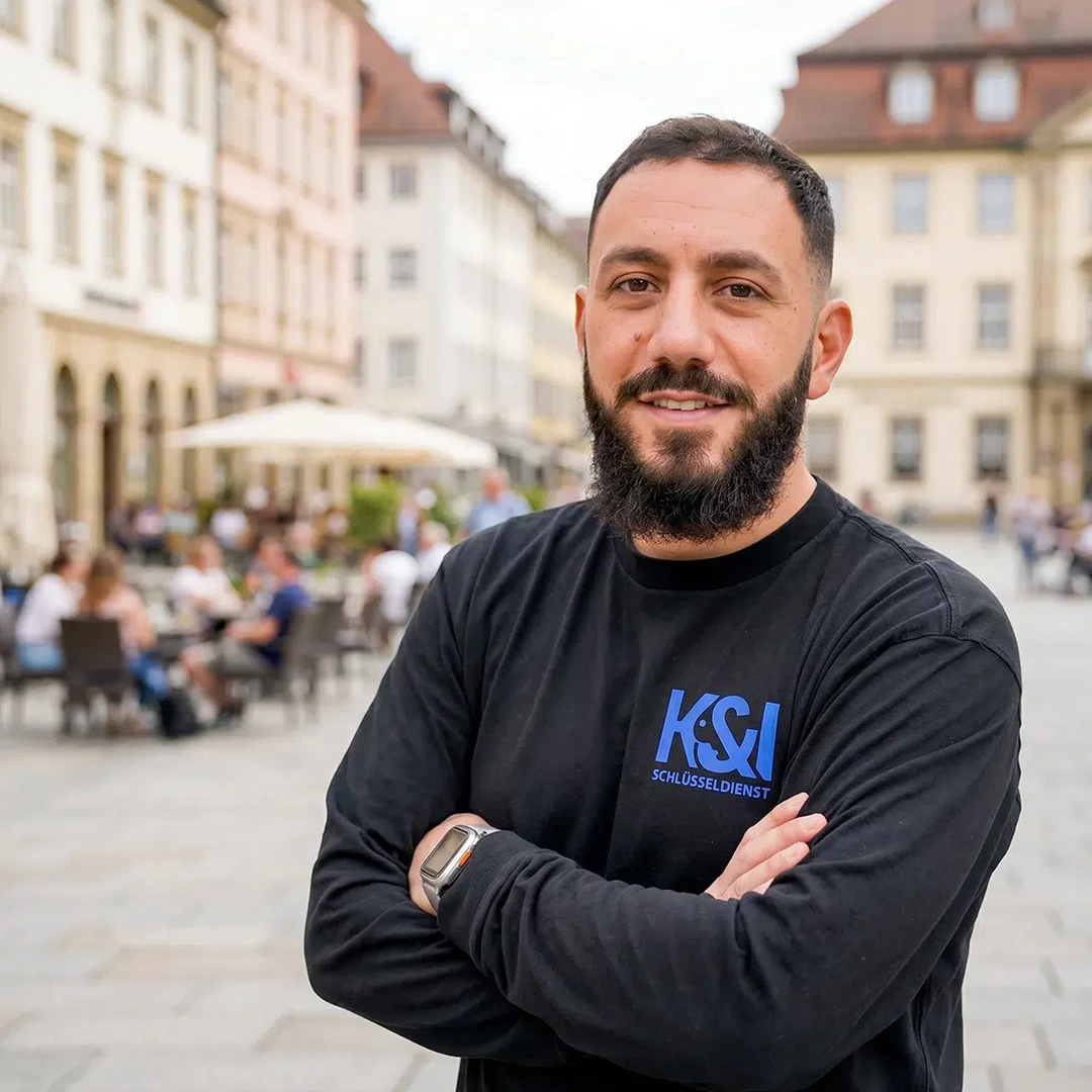Kahlil Kassem Schlüsseldienst Experte an der Heerstraße Vaihingen Stuttgart, vor historischem Marktplatz mit Altbauten und Außengastronomie