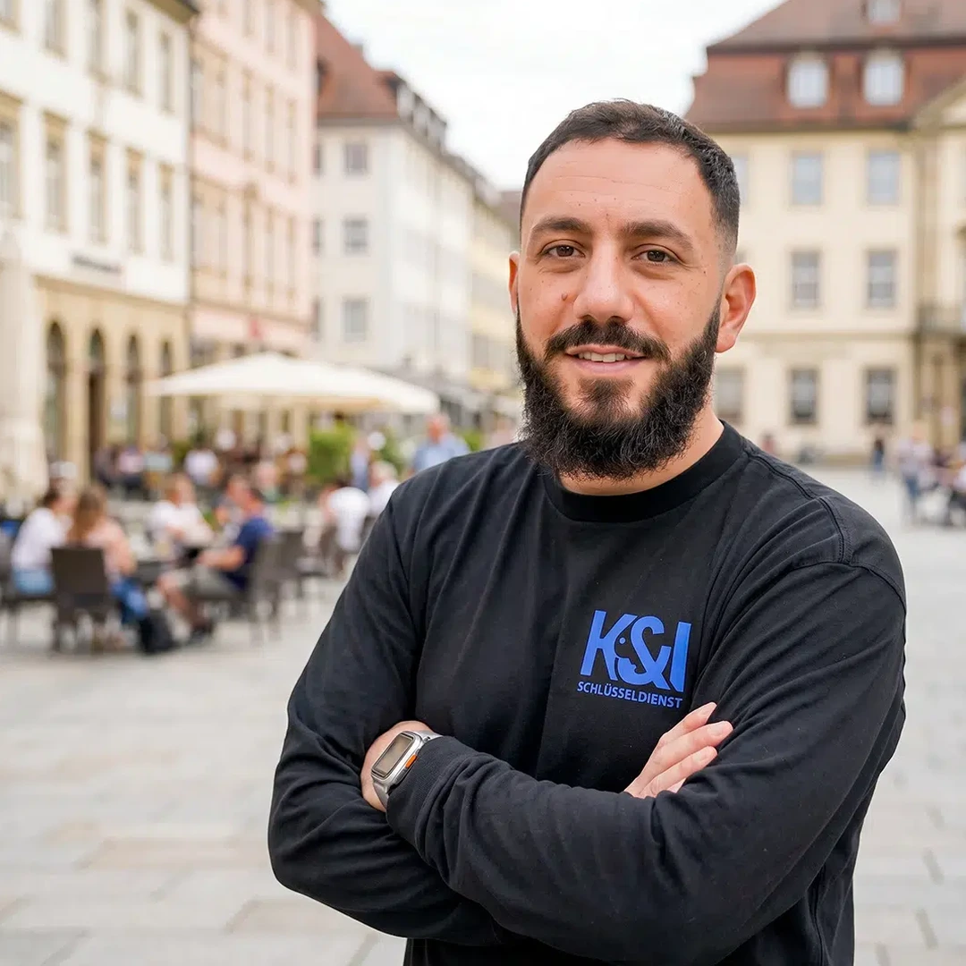 Kahlil Kassem Schlüsseldienst Experte aus Österfeld Vaihingen Stuttgart, vor historischem Marktplatz mit Altbauten und Außengastronomie