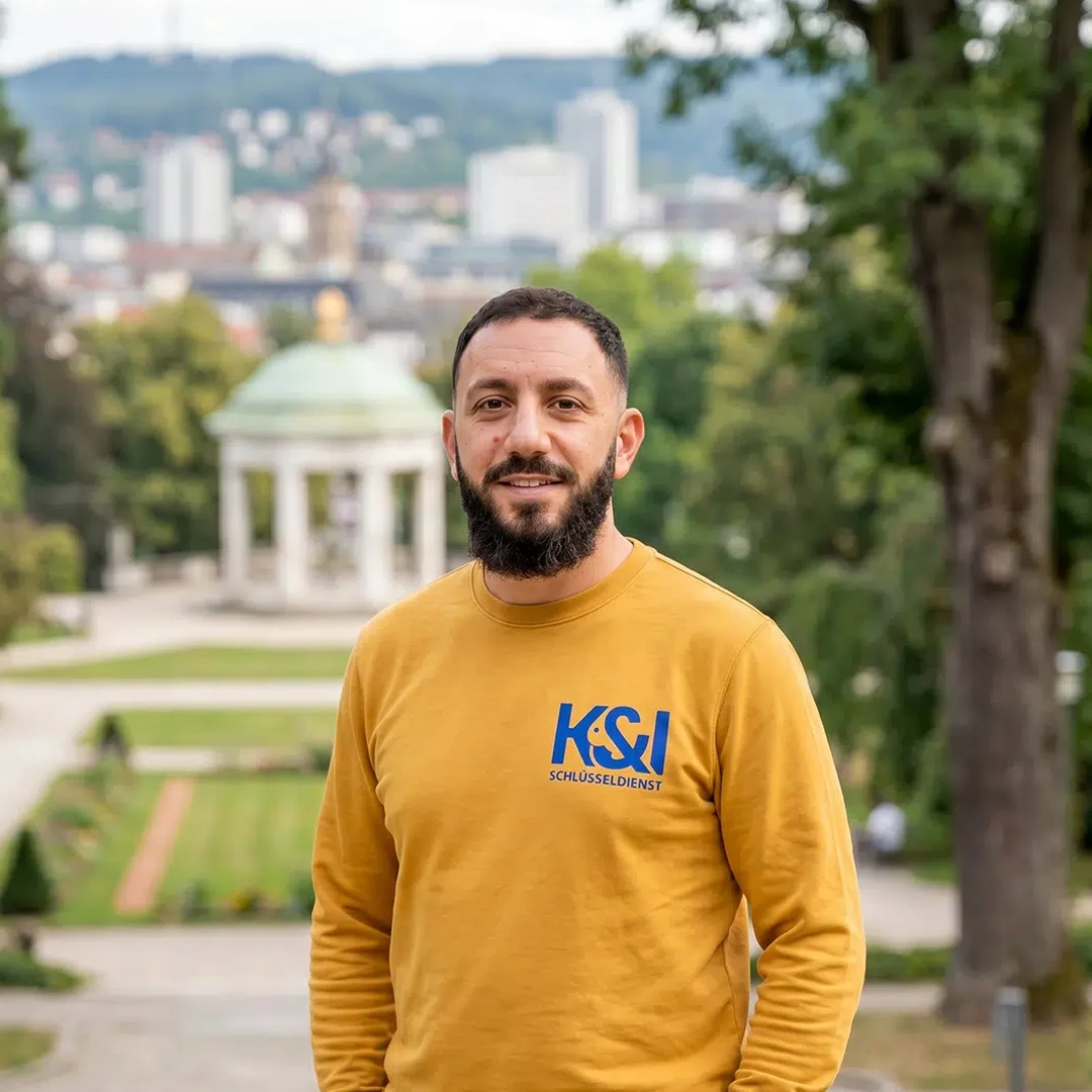 Kahlil Kassem Schlüsseldienst Experte aus Brühl Esslingen am Neckar, vor dem Esslinger Schlossberg mit historischem Pavillon und Stadtpanorama