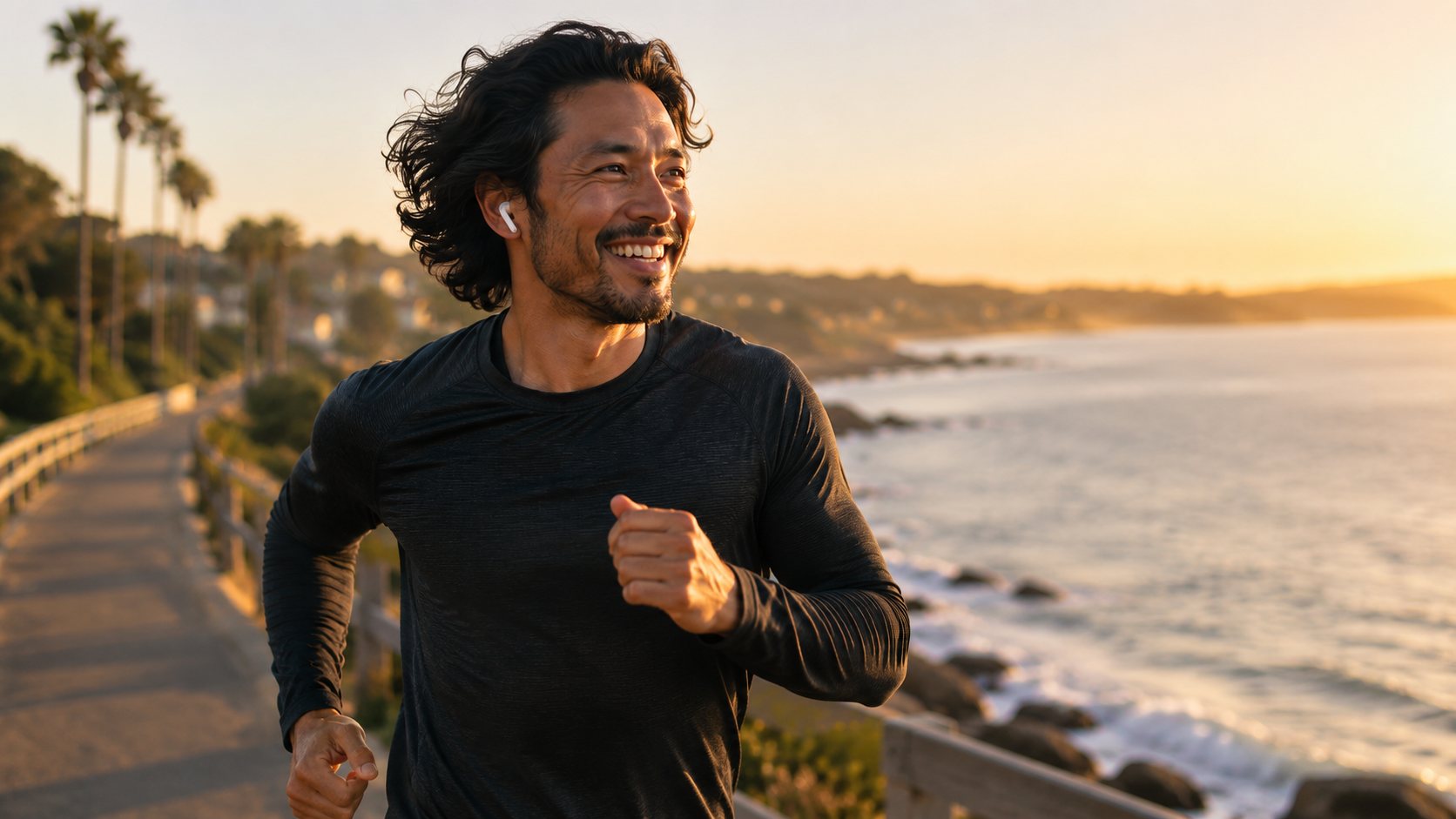 A Pheno member running along the coast at sunrise