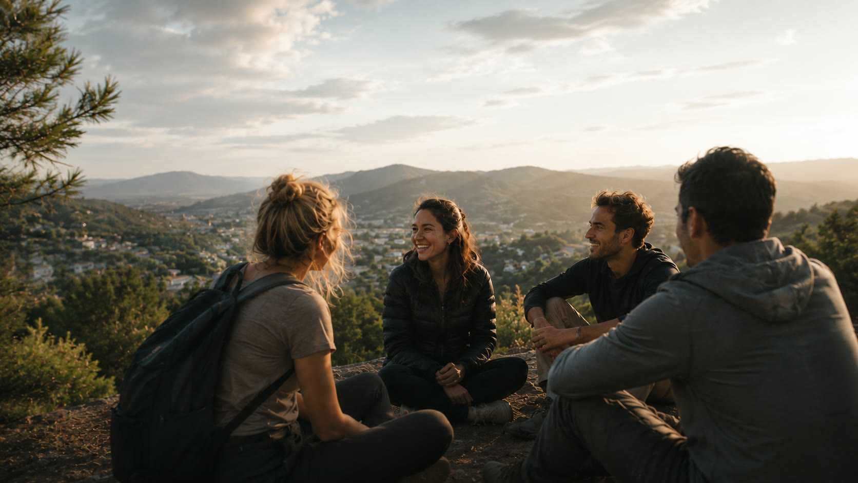Four people sitting together on a hillside at sunset, talking