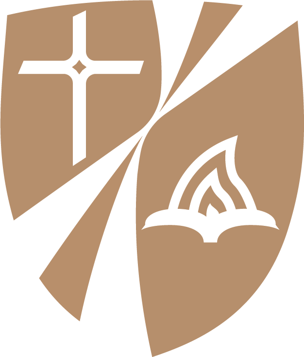 Shield divided into two sections: left side features a white Christian cross with a diamond shape at the center, right side shows an open Bible with flames rising from it, all in gold color.