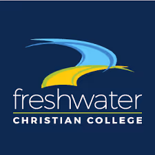 Logo of Freshwater Christian College with stylized blue and yellow shapes above the text.