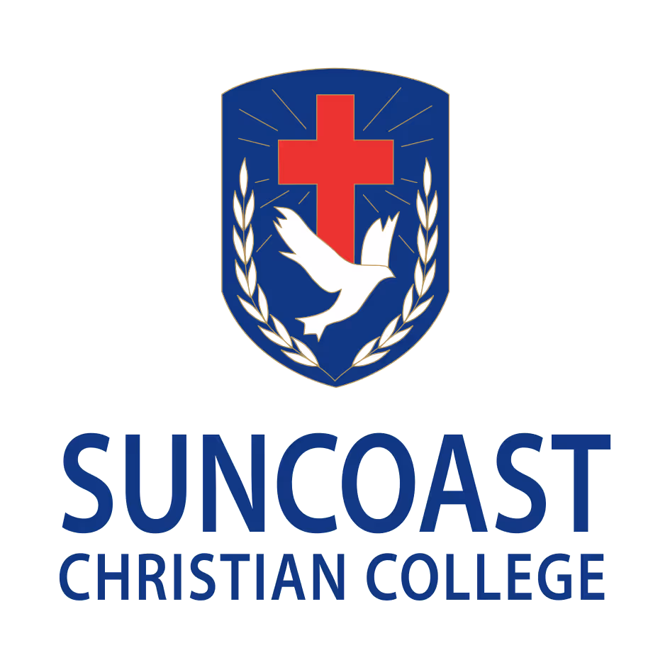 Shield with red cross, white dove, and laurel branches above the text Suncoast Christian College.