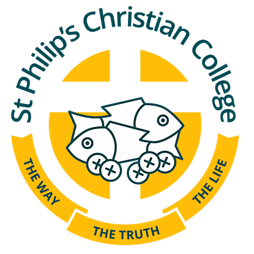 Logo of St Philips Christian College featuring a yellow cross, two fish, and loaves, with the motto 'The Way The Truth The Life' surrounding it.