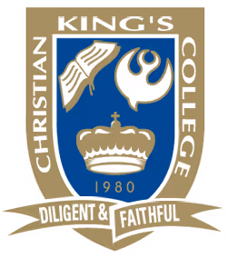 Emblem of King's Christian College featuring an open book, a dove, a crown, and the text 'Christian King's College 1980 Diligent & Faithful'.