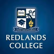 Redlands College logo featuring a Bible, a graduate cap, a flame symbol, and a figure of Christ with the motto 'Christ-Centred Excellence' on a blue background.