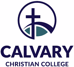 Calvary Christian College logo with a circular emblem featuring a cross and hills.