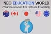 Neo Education World logo featuring a graduate figure above a globe, with flags of Australia, Canada, United Kingdom, United States, and European Union below.