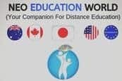 Neo Education World logo featuring a graduate figure above a globe, with flags of Australia, Canada, United Kingdom, United States, and European Union below.