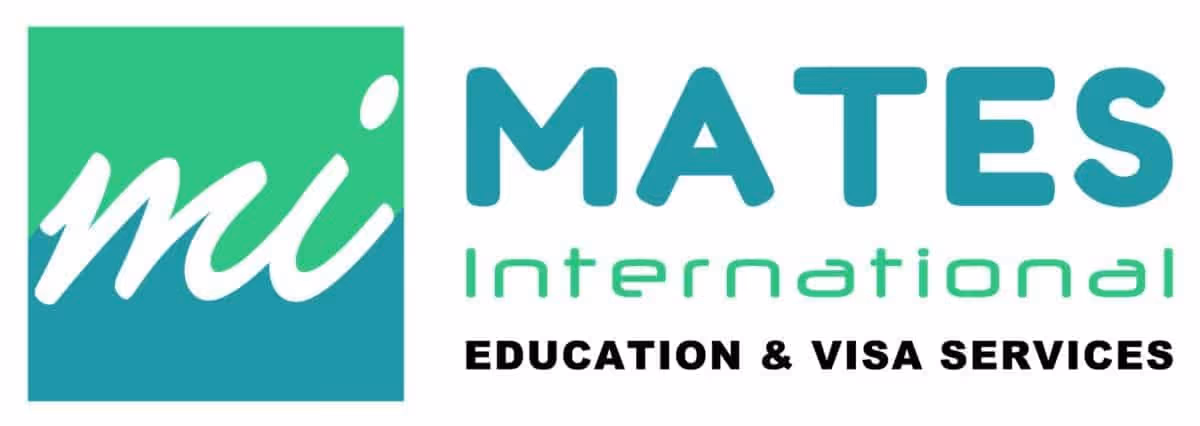 Logo for Mates International Education & Visa Services with 'mi' in white script inside a green and teal square.