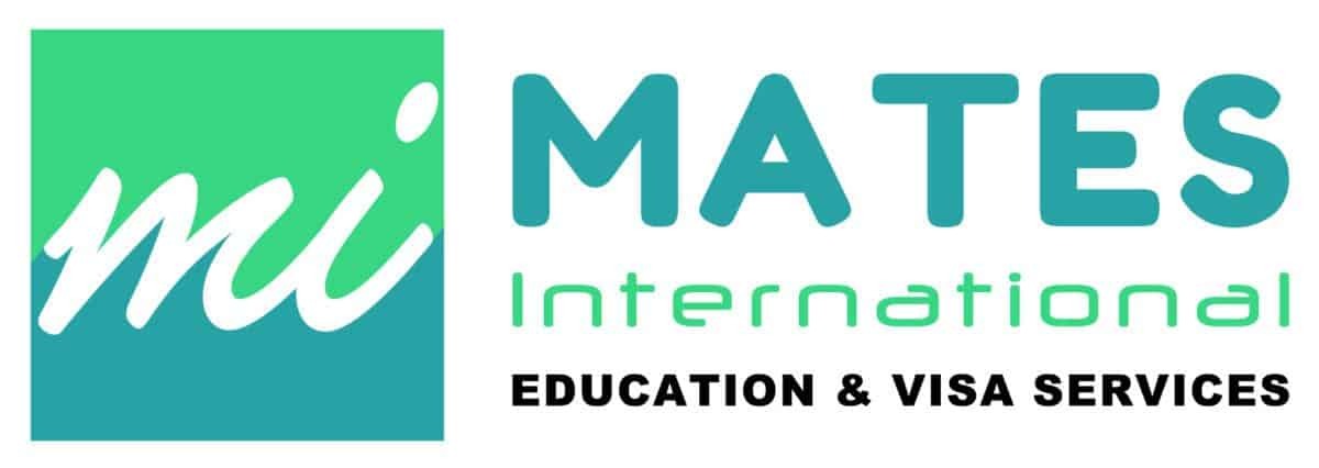 Logo for Mates International Education & Visa Services with 'mi' in white script inside a green and teal square.